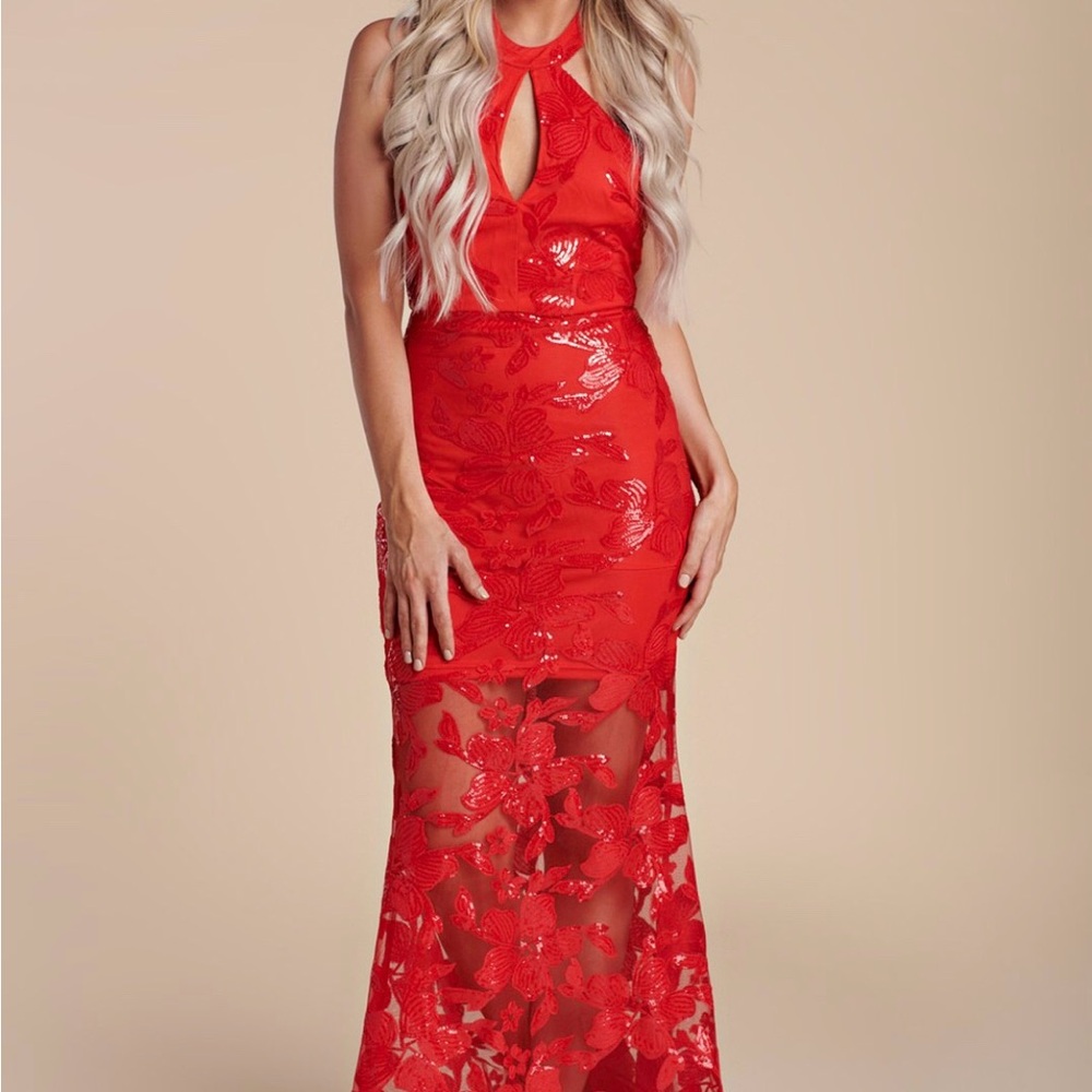 Red sequin halter dress